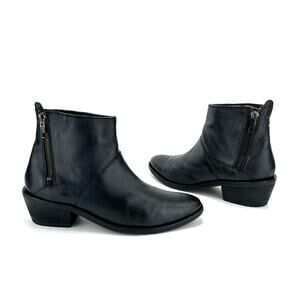 H By Hudson Women Black Ankle Boot Sz 6 Leather Cuban Heel Padded Footbed Bootie